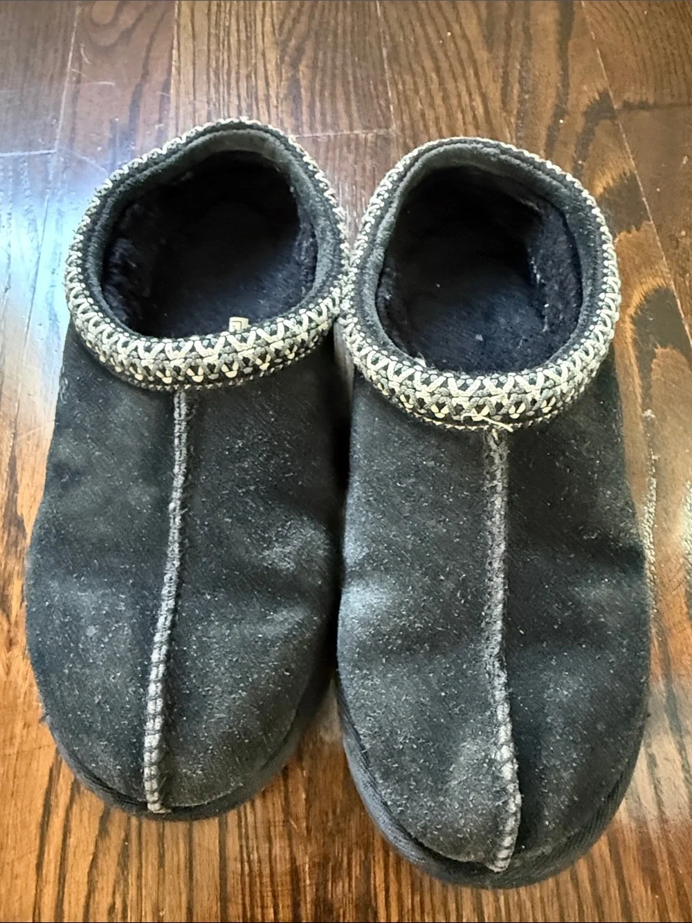 UGG Kids Black Suede Slip-On Slippers with Decorative Trim